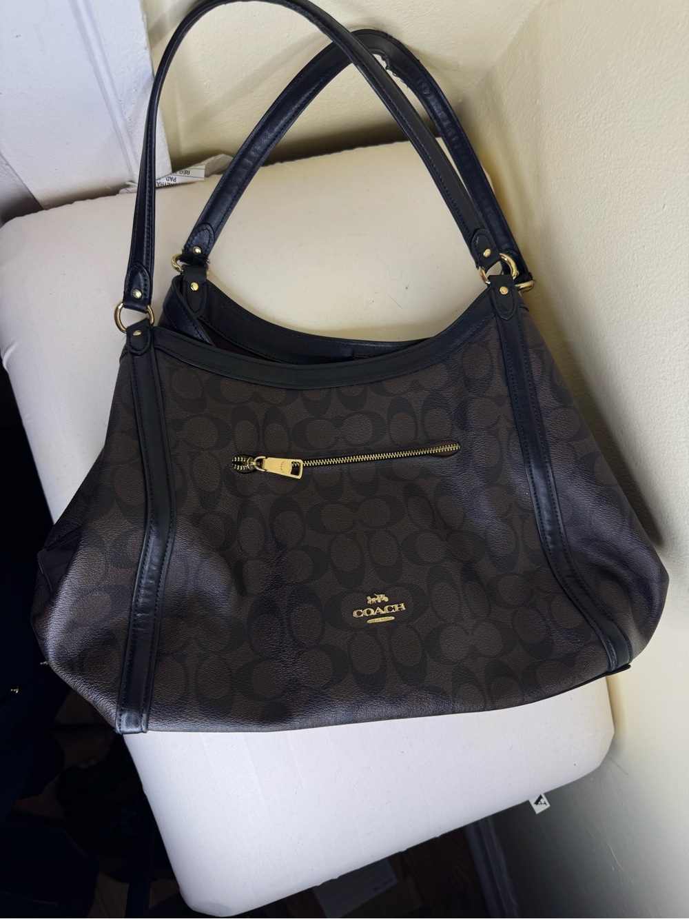 Coach Dark Brown Signature Canvas Shoulder Tote with Black Trim